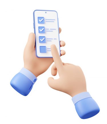3d render smartphone in hands with finger fill online survey or test form on screen. phone and forefinger touching check box buttons, isolated Illustration on white background in cartoon plastic style